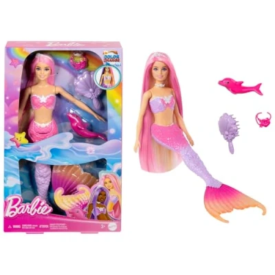 Imagen de Barbie Muñeca sirena Malibú que cambia de color con el agua accesorios moda y delfín, serie Un toque magia, juguete +3 años (Mattel HRP97)