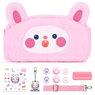 Imagen de funda para Switch NS,paquete de accesorios 11 en 1 innoAura con transporte Switch,estuche juegos Switch,tapas pulgares Switch(Conejo Rosa)