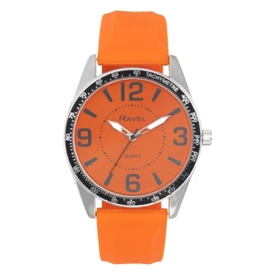 Imagen de Ravel Reloj de Hombre con Números Grandes en Tono Plateado y aro Superior Negro Correa Deportiva Silicona Cuarzo Analógico RS001.08 Naranja