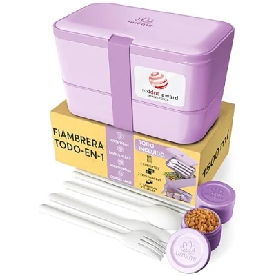 Imagen de Umami Fiambrera Para Comida De Trabajo, Bento Lunch Box, Apilable, Con 4 Compartimentos, Cubiertos, Botes Salsa, Caja Almuerzo, Apta Microondas, Porta Alimentos 100% Hermética
