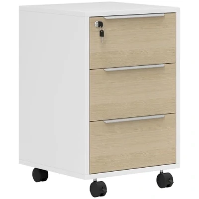 Imagen de HOMCOM Cajonera de Oficina Mueble Archivador con Ruedas 3 Cajones Cerradura y 2 Llaves para Estudio Salón 40x40x63,5 cm Blanco Roble