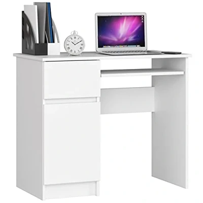 Imagen de AKORD Escritorio con Estante para Teclado, Cajón y Contenedor en el Lado Izquierdo de Oficina Computadora PC Portátil 90x77x50 cm 30 kg Blanco