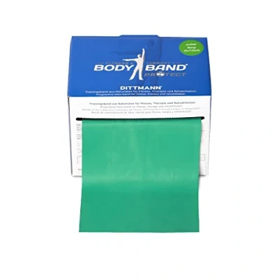 Imagen de Dittmann? BodyBand Green Strong incl. folleto de ejercicio FTM?, banda fitness cortada del rollo en la longitud deseada para entrenamiento fuerza, fisioterapia y estudios fitness. 25 metros