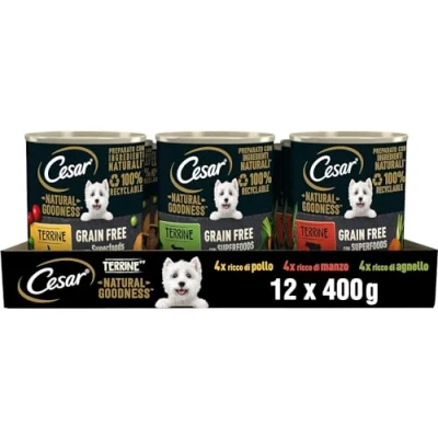Imagen de Cesar Natural Goodness Comida húmeda para Perros con Sabor a Pollo, Ternera y Cordero, 12 latas de 400 g, Total 4,8 kg