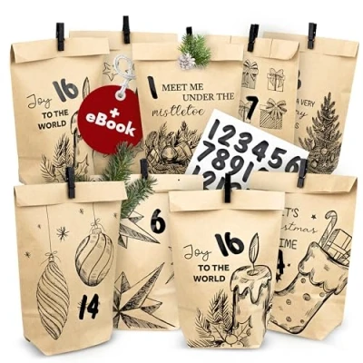 Imagen de AMARI ® Calendario de Adviento para rellenar Vintage Black 24 Bolsas (con pinzas madera) hacer en Navidad Bolsa papel con pegatinas números