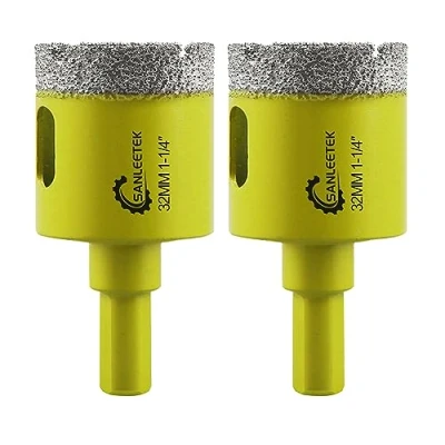 Imagen de Juego de Brocas Diamante Seco 2piezas 32mm Sierra Perforadora con Vástago Triangular para Cerámica Porcelana Granito Mármol Cuarzo Gres SANLEETEK