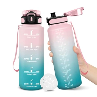 Imagen de Botella Agua, 1500ML Libre de BPA, Agua Gimnasio, Diseño Cerradura a Prueba Fugas, Botellas Con Marca Tiempo, para Niños Deportes, Camping RosaCian