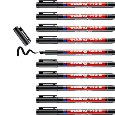 Imagen de edding 143 B rotulador permanente 10 rotuladores negro punta biselada de 1 3mm bolígrafo para escribir sobre cristal, plástico,láminas y superficies lisas secado rápido, no mancha,impermeable