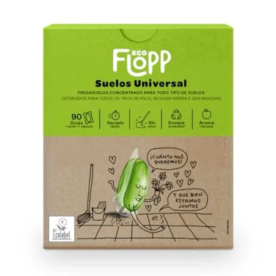Imagen de Flopp Fregasuelos Universal Ecológico 90 cápsulas Etiqueta EU Ecolabel Limpiador de Suelos Eco Limpiapisos Friegasuelos. Flopp: Limpia sin Ensuciar el Planeta.