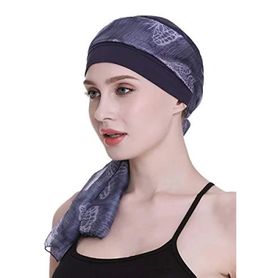 Imagen de Elegante gorro de quimioterapia con bufandas sedosas para mujeres cáncer, pérdida cabello, dormir, marino, Talla única
