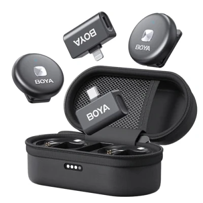 Imagen de Boya OMIC micrófono inalámbrico para iPhone, Android con Lightning, enchufe USB C, cancelación de ruido, duración la batería 15 horas, alcance 164 pies, iPhone grabación