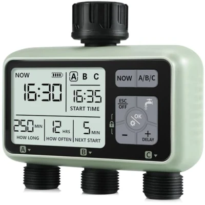Imagen de CROSOFMI Programador Riego Automatico Jardin Temporizador con 3 Salidas Independientes Pantalla LCD/Operación fácil/Bloqueo para niños/Retraso por Lluvia intensa/Riego Manual