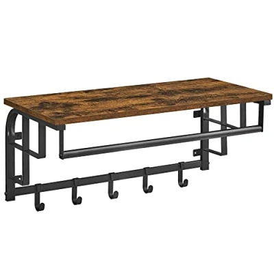 Imagen de VASAGLE Perchero de Pared, Colgante con 5 Ganchos Extraíbles, Estante Montado en Barra Colgar, para Pasillo, Dormitorio, Sala Estar, Marrón Rústico y Negro LCR12BX
