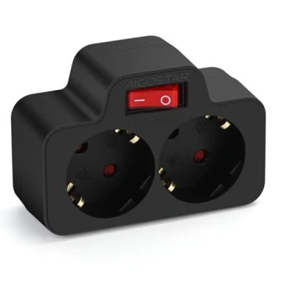 Imagen de Aigostar Enchufes Adaptador Europeos con 2 Tomas y Interruptor,Enchufe de Pared.Con Protección Infantil,16A,250V, Negro
