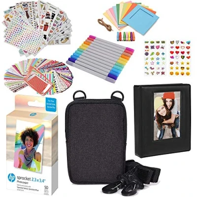 Imagen de HP Papel fotográfico Zink Premium 2x3 (50 Unidades) Kit de Accesorios con álbum Fotos, Estuche, Pegatinas, marcadores