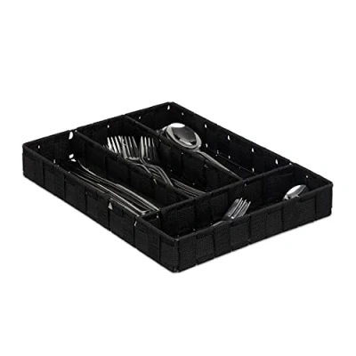 Imagen de Relaxdays Cubertero, 4 Compartimentos, Organizador Cajones, Bandeja Cubiertos, Trenzado, 1 Ud, PP, 4,5x26x36 cm, Negro, Plástico