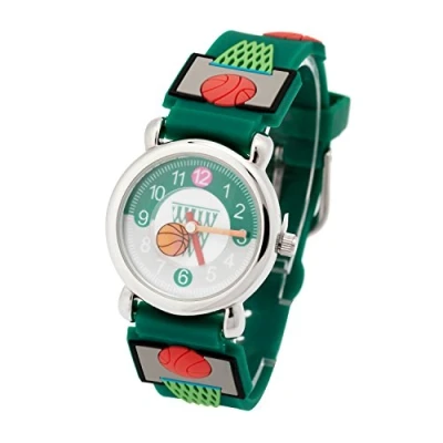 Imagen de ele ELEOPTION Reloj para Niños Lmpermeable 3D Lindo de Dibujos Animados Redondo Silicona Banda Goma Pulsera Cuarzo Niñas, Niño (Baloncesto, Verde)
