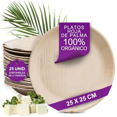 Imagen de Waipur Platos Hoja de Palma Ecológicos 25 Desechables Redondos Ø cm Elegantes, Estable, Natural y Biodegradable Vajilla Descartable como Bambu