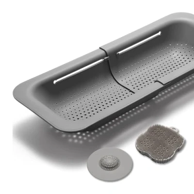 Imagen de colador de Cocina extensible incluye desagüe y esponja silicona libre BPA fregadero, pasta, fregadero cocina, organizador Gris