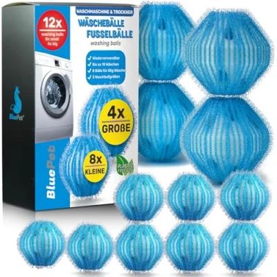 Imagen de BluePet® 12 Bolas de pelusa para la lavadora Elimina el pelo animales, y pelusa, atrapa secadora Bola lavandería (4 x grandes 8 pequeñas)