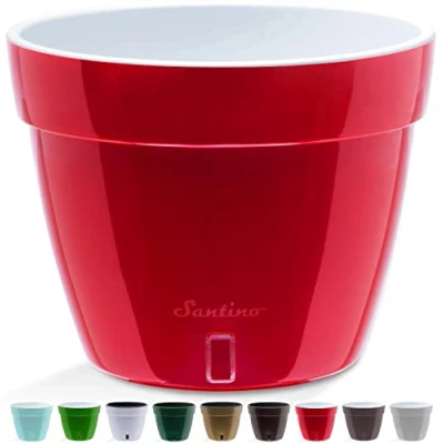 Imagen de Santino ASTI Maceta de Riego Automático con Indicador Nivel Agua, Redonda, para Plantas, Flores, Hierbas (Ø 30 cm, Altura 23 12 L, Rojo/Blanco)