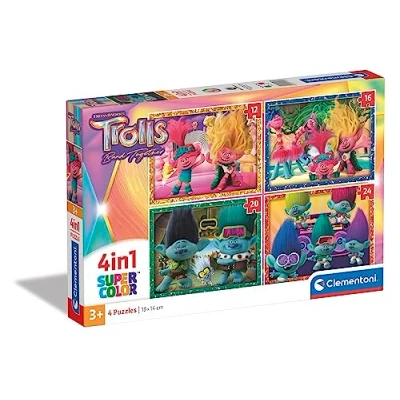 Imagen de Clementoni 21527 Supercolor Puzzle 4 En 1, Trolls 3, 12 16 20 24 Piezas, con Imágenes Diferentes, Infantil A Partir De 3 Años
