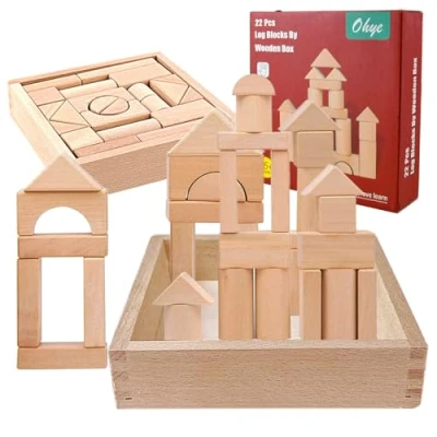 Imagen de Bloques Madera,Cubos de Madera,Montessori Juguetes Construcción,22 Piezas Juego Construcción,Bloques Construccion Niños,Juguete Educativo con Figuras Geométricas para niños 3+Años