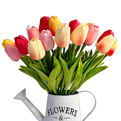 Imagen de 24 tulipanes artificiales multicolor de látex tacto real para ramos boda, fiesta, despedida soltera, baby shower, decoración del hogar