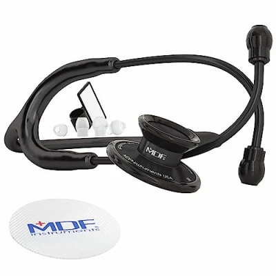 Imagen de MDF Instruments MDF747XP Acoustica® Deluxe, Estetoscopio ligero de doble cabeza Garantía por vida &amp; Programa piezas gratuitas (Todo Negro)
