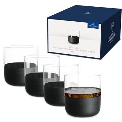 Imagen de Villeroy &amp; Boch Vasos Chupito Manufacture Rock, Set De 4, Cristal Con Base Negro Mate, Capacidad 40Ml