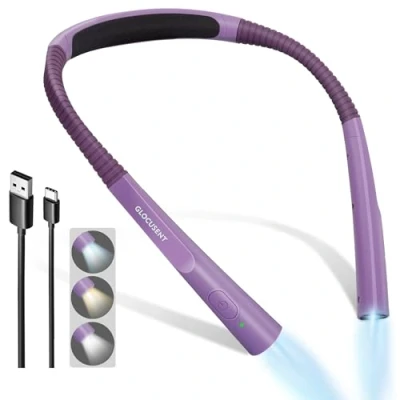 Imagen de Glocusent LED Luz de Lectura Cuello, para Leer Libros en la Cama,Temporizador 30 min., 3 Colores &amp; Brillos Ajustables, Recargable Larga Duraci贸n,Perfecta Leer,Tejer, Hacer Reparaciones