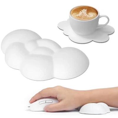 Imagen de ATTACK SHARK Reposamuñecas en la Nube con Posavasos, Almohadilla Ergonómica para Muñeca Masaje, Lindo Accesorio de Escritorio Computadora, Oficina, Juegos Blanco