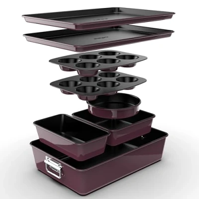Imagen de Nutrichef juego 8 moldes apilables, Bandejas, Libres de PFOA, PFOS, PTFEE, Utensilios horno hasta 232C, Baking set, Antiadherentes, Color burdeos