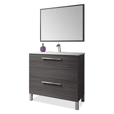 Imagen de ARKITMOBEL Mueble Baño Color Gris Ceniza 1 Espejo 2 Cajones Aseo Estilo Industrial 80x80x45 Cm Sin Lavamanos