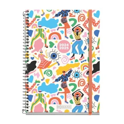 Imagen de Miquelrius Agenda Escolar 2024 2025, Septiembre 24 a Junio 25, 155 x 215 mm, Día Página, Cubierta Cartón Forrado, Espiral Metálico Negro, Español e Inglés, Party