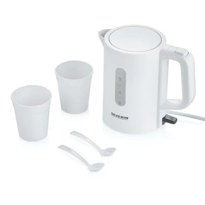 Imagen de SEVERIN Juego de tetera viaje, 0.5 l con voltaje conmutable (115/230 V), eléctrica 2 vasos plástico y cucharas, blanco, WK 3462