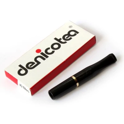 Imagen de DENICOTEA Soporte para cigarrillos negro con anillo de color dorado + 10 filtros