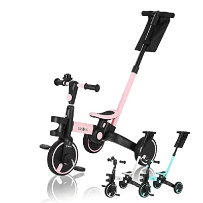 Imagen de FableKids Triciclo 7en1 para niños Bicicleta Correr con Manillar Cochecito de bebé Dirección Padres Portavasos A Partir 18 Meses Timbre Pink