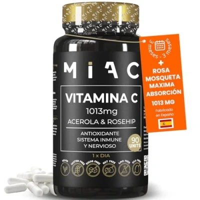 Imagen de Vitamina C 1000 mg con Acerola y Escaramujo Pura Antioxidante Potente Capsulas Veganas para Refuerzo Inmunitario, 90 Cápsulas Vitaminas Mejora Colágeno, Reduce Fatiga
