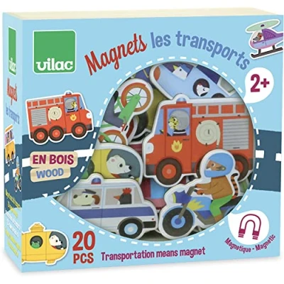 Imagen de Vilac Imanes de Madera con temática Transporte, Aprendizaje Divertido, Incluye Varios vehículos, Juego 20 Piezas, 2 años +