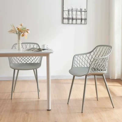 Imagen de [en.casa] Set de 2 Sillas Comedor con Respaldo Enrejado Reposabrazos máx. 130 kg Juego Cocina Plástico y Metal 80 x 56 52 cm Gris Claro