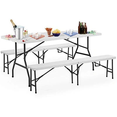 Imagen de CASARIA® Conjunto Mesa Bancos Blanco Plástico 180cm Set Muebles de Cerveza Picnic Camping Jardín Plegable