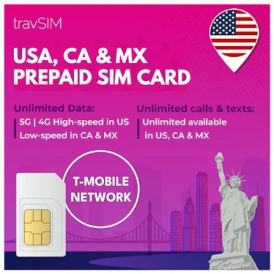 Imagen de travSIM USA, Canada Mexico SIM Card Servicio T Mobile 50GB de Datos para 5GB y Llamadas Nacionales SMS ilimitados Válido Durante 14 días
