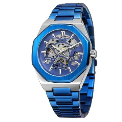 Imagen de BOLYTE reloj mecánico para hombre, de pulsera cuerda automática caja octogonal, correa acero inoxidable, diseño esqueleto, Azul plateado., Clásico