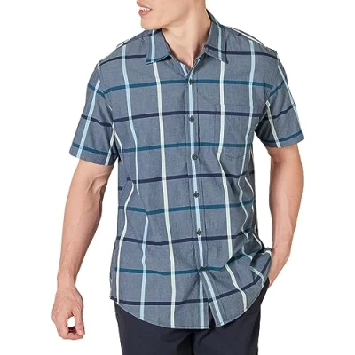 Imagen de Amazon Essentials Camisa de Popelín Manga Corta Ajuste Normal Hombre, Tejano Cuadros Grandes, M