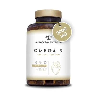 Imagen de N2 Natural Nutrition Omega 3 + Vitamina E 2000mg, 700mg EPA, 500mg DHA. Aceite de Pescado.Regula el Colesterol, Favorece la Vista, Corazón y Cerebro Saludables. 120 Cápsulas