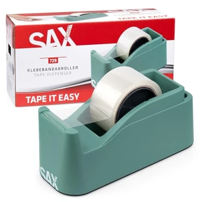 Imagen de SAX Tape it Easy XXL dispensador de cinta manual extra pesado para 1x 50mm o 2x 25mm, paquetes con función portaplumas, antideslizante, verde salvia