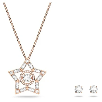 Imagen de Swarovski conjunto de Collar Y Pendientes Stella para Mujer, Cristales Blancos, Baño Tono Oro Rosa, Colección