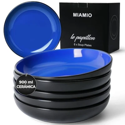 Imagen de MIAMIO Juego de 6 platos hondos 900 ml / 22 cm para pasta/ensalada, cuencos pasta anchos y poco profundos, plato hondo grande cerámica Colección Le Papillon (Verde)
