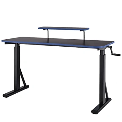 Imagen de Amazon Basics Rectangular escritorio de ordenador altura ajustable, con estante elevado para colocar el monitor, 140 x 63.5 109 126 cm, color azul